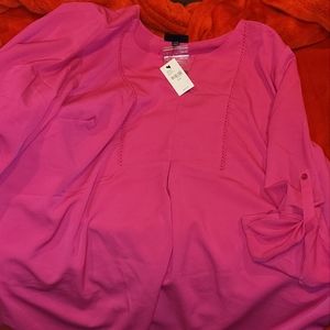 Lane Bryant Fuschia blouse with cuffed 3/4 length sleeves.